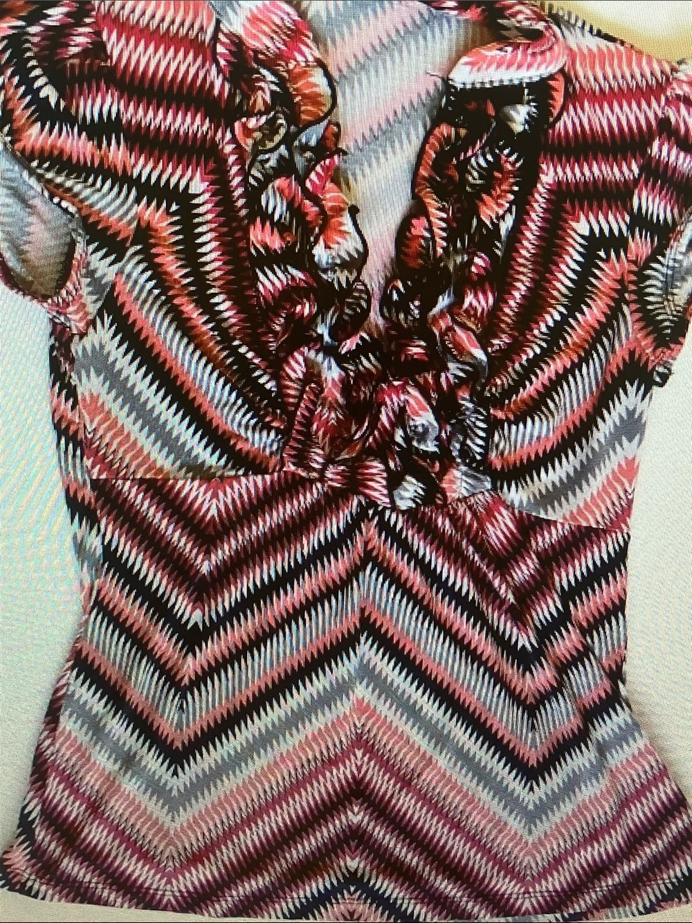 Chevron Ruffle V-Neck Blouse in Pink, Black & White
